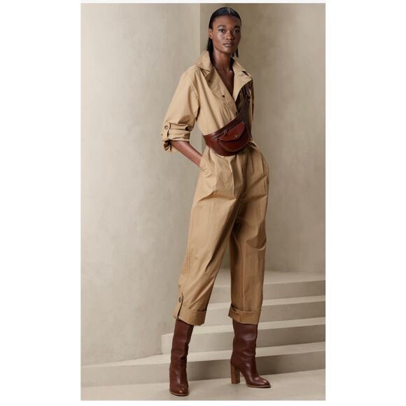 Banana Republic Poplin Jumpsuit Size Small Utility Tan Flightsuit Oversized Chic - Picture 8 of 14
